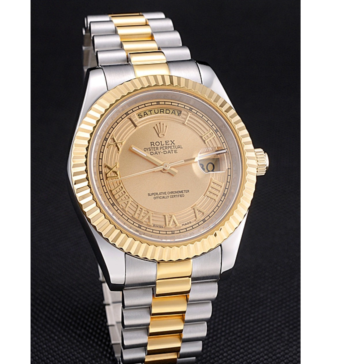 Aaa replica watch Rolex Gold 18k Gold Steel Stainless Two Plated Day-Date Dial Tone 0712